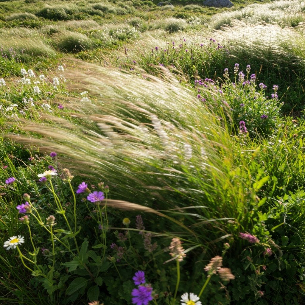 Alpine herbs in natural motion with wind and light