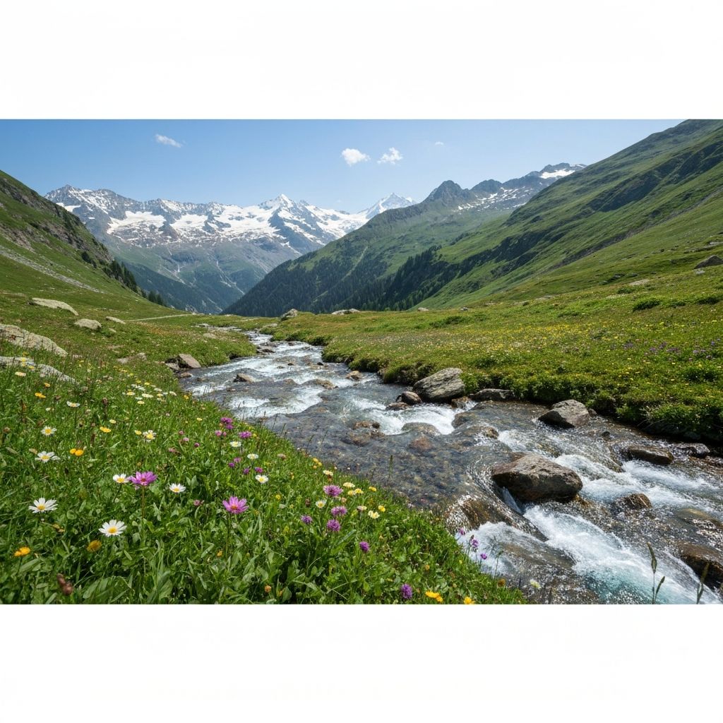 Swiss Alpine landscape with flowing water and vibrant vegetation